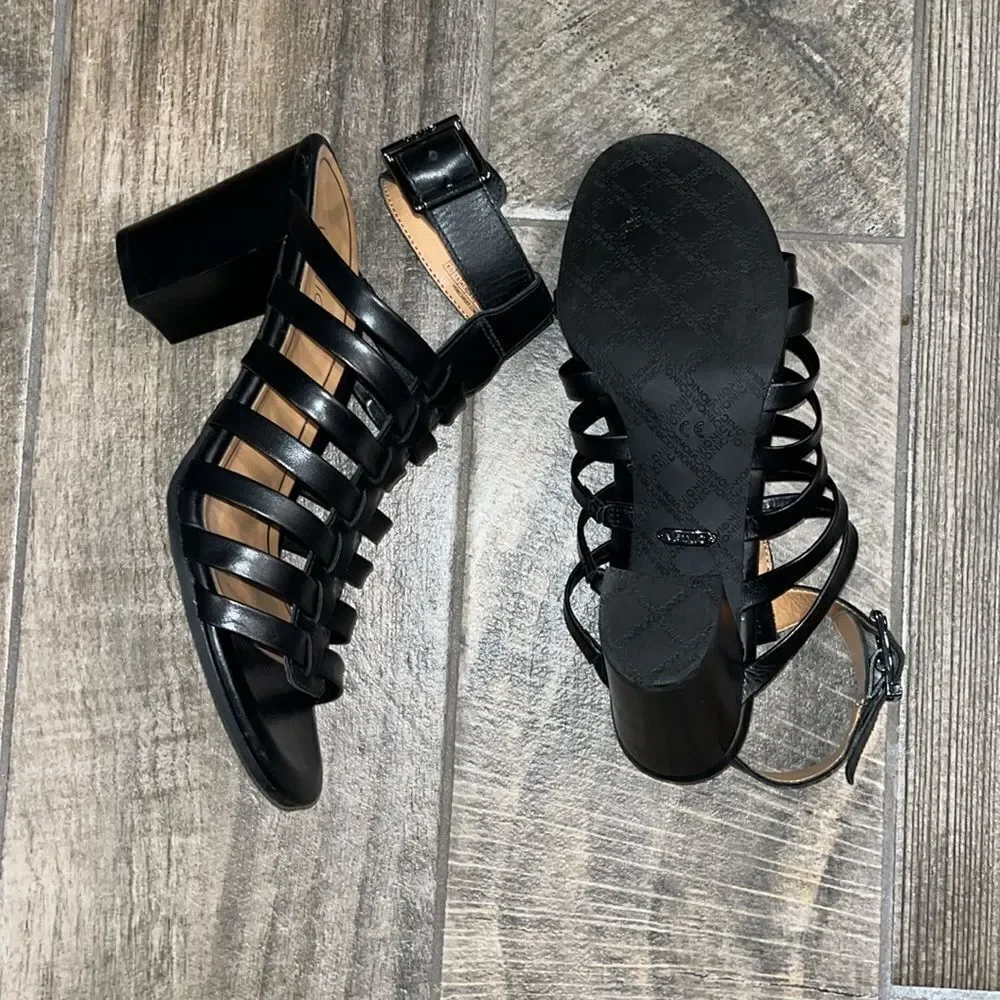 Vionic black Sami  leather ankle strap caged 3.5” block sturdy heels